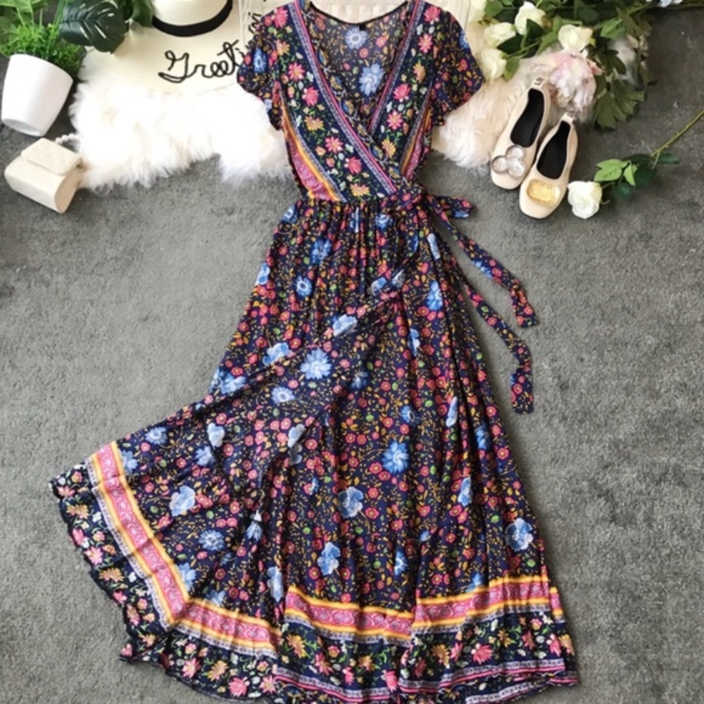 Boho Navy Blue Gypsy Floral Print Wrap dress Cottagecore - Picture 2 of 8